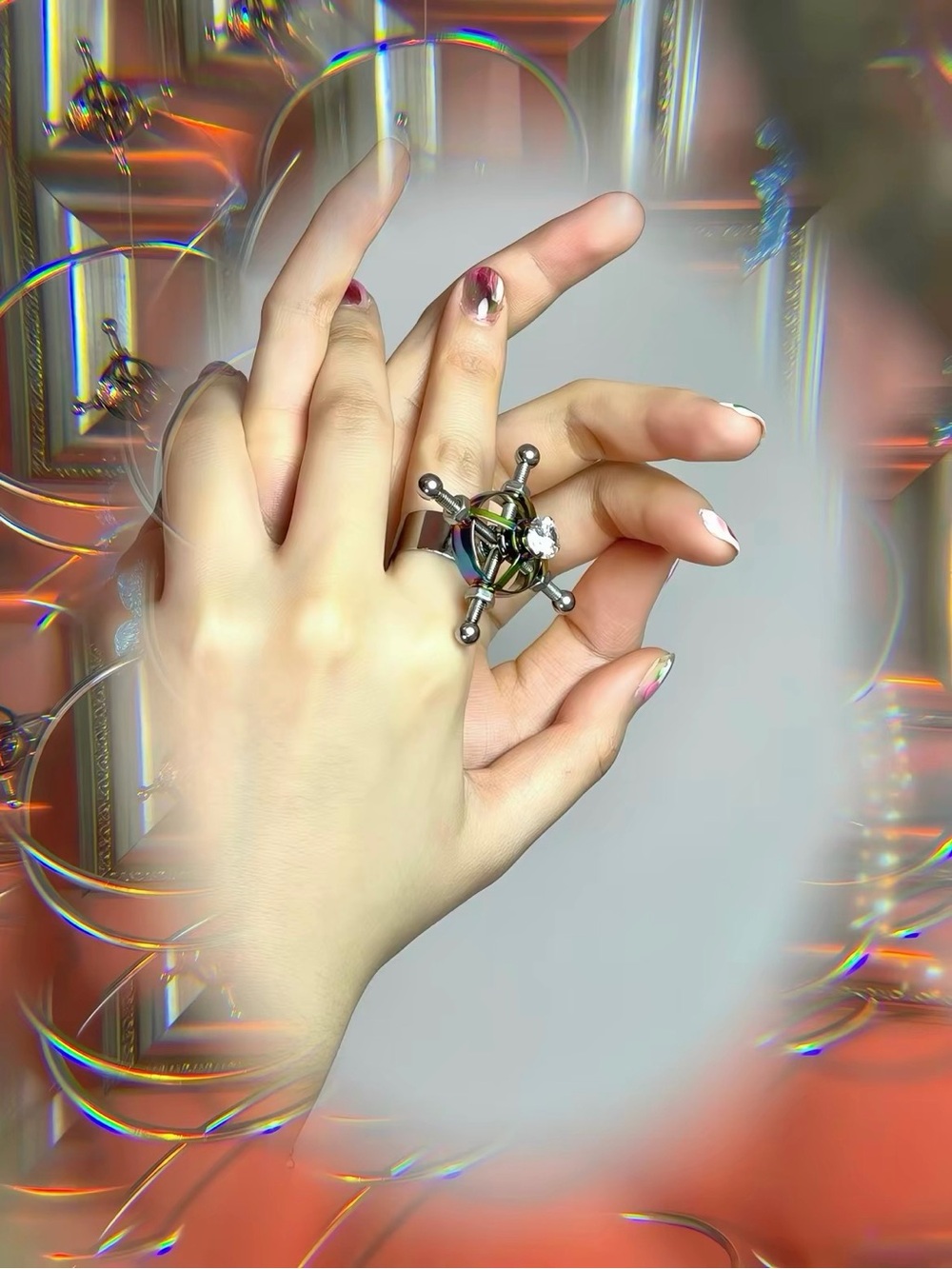 Orbital Halo Cyber Steampunk Statement Ring - Metallic Rainbow Chrome